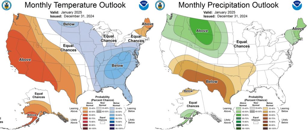 Pagosa Weather DECEMBER SUMMARY & January Outlook 10 The CPC temp outlook for January on the left shows a 40-50% chance for above average temps.
The precip outlook on the right has us on the boarder of equal chances for average precip and a 33-40% chance for below average precip.