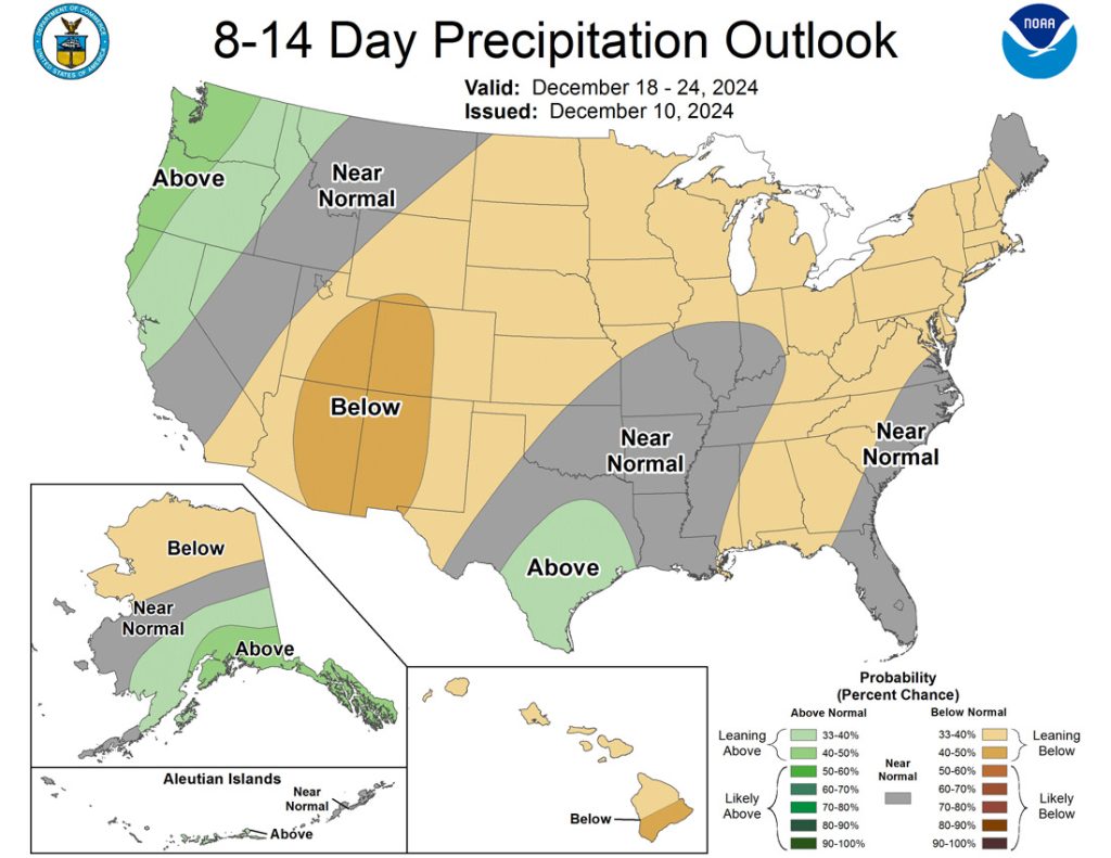 Another weak system on Friday… 4 The Climate Prediction Center 8-14 day precip outlook to 24 Dec expects a 40-50% chance of below average precip. I think it’s more like 75%.
