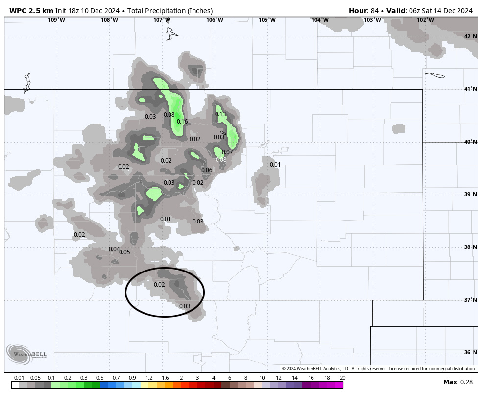 Another weak system on Friday… 2 WPC precip shows 0.02” near Pagosa and up to 0.075” in the mountains. This would be dusting of snow near town and around 1” in the mountains. This looks good to me.