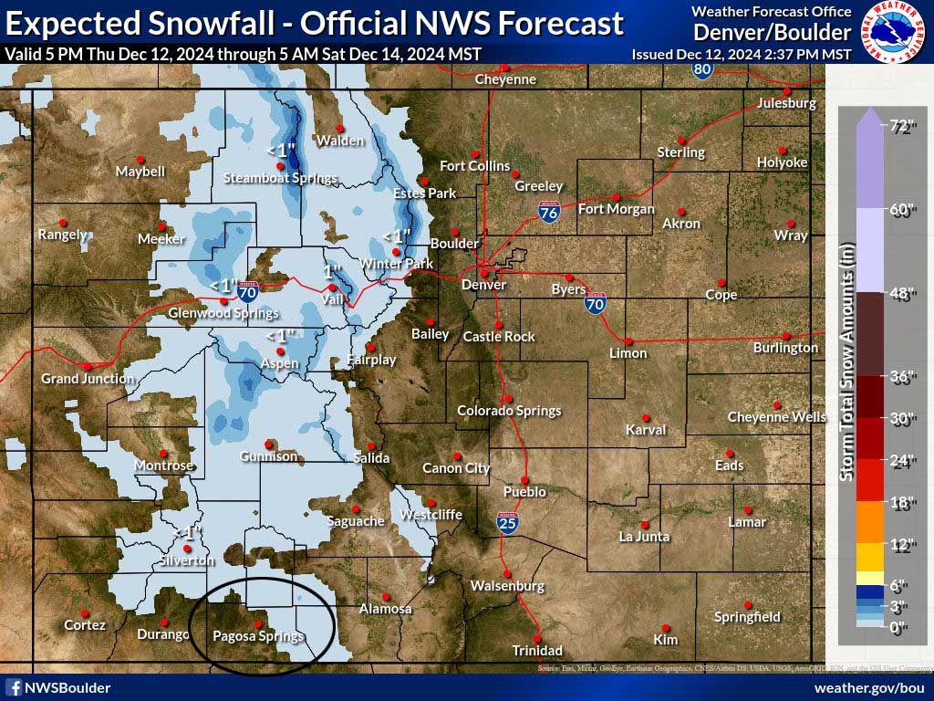 When will this dry weather pattern change?… 2 The NWS “official” snow forecast shows less than 1” of snow in our mountains. The northern and central mountains are favored, but snow amounts will be light.