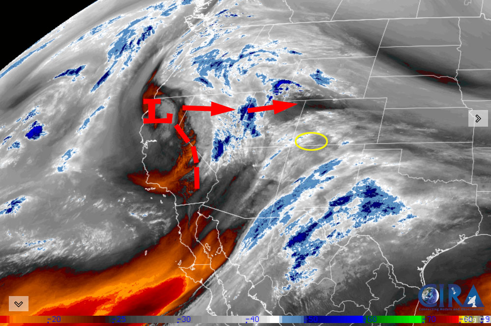 When will this dry weather pattern change?… 1 Satellite Thursday afternoon – Lots of mid and upper-level clouds are moving into the area from the southwest. Unfortunately there is no precip with these clouds. The main trough and the precip is moving through NV. The storm energy from the trough will stay to our north.