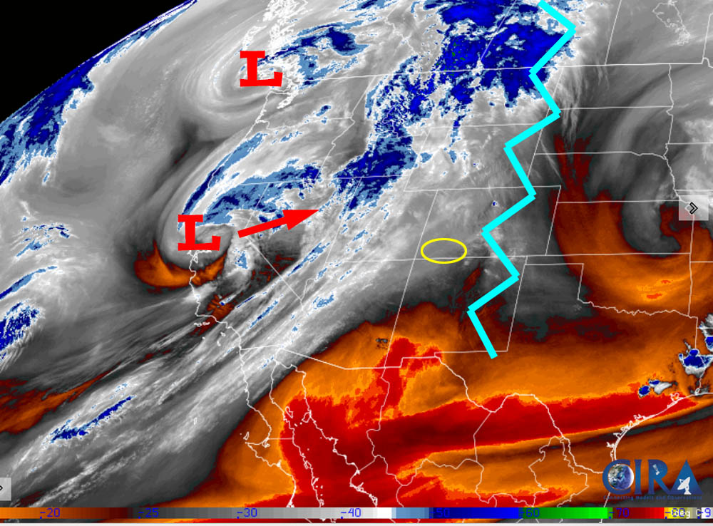 Satellite Saturday afternoon – The ridge, blue jagged line, has moved to our east. Upper-level flow out of the southwest is pushing more mid and high-level clouds into the region. There is no precip associated with those clouds in our area.  The low over CA will weaken and move northeast.  It won’t impact us.
