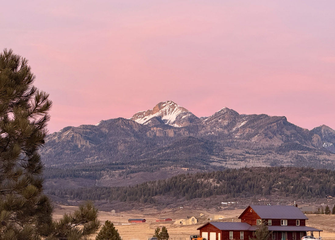 A pink sky over Pagosa Peak this evening – pic taken 12/18/2024