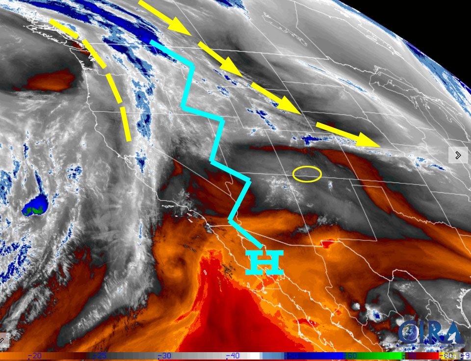 Satellite Friday evening – The ridge, jagged blue line, is to our west. There is dry upper-level flow out of the northwest over Colorado.