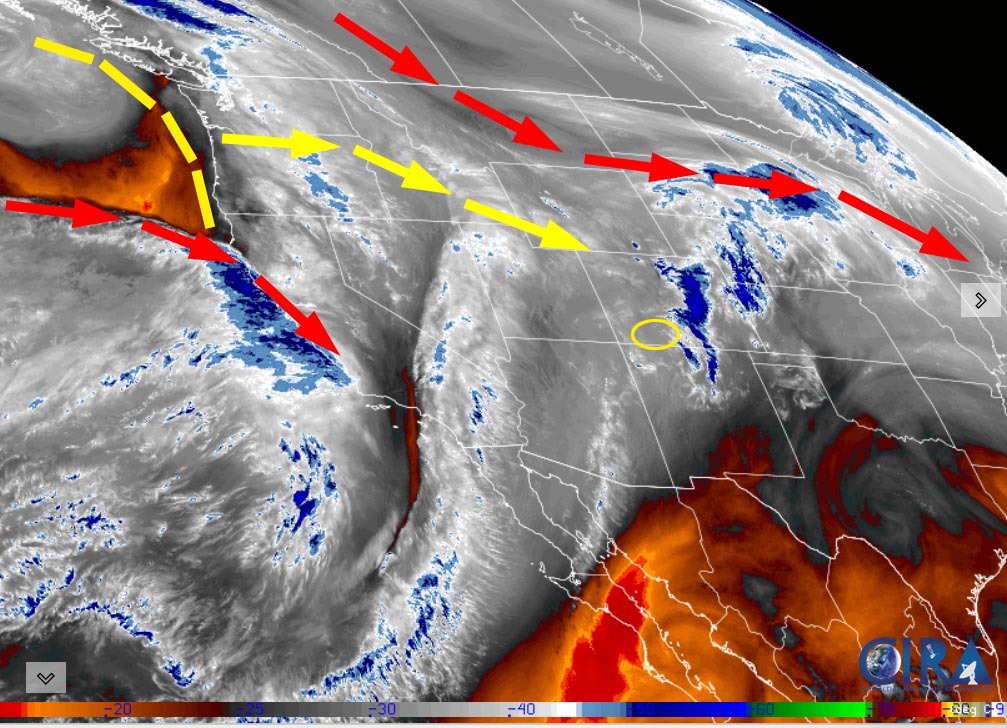 Satellite Sunday evening – This is a sloppy pattern with nothing organized. The red arrows indicate the jet stream. The yellow arrows indicate the track of the weak trough expected to move through northern Colorado Monday evening.