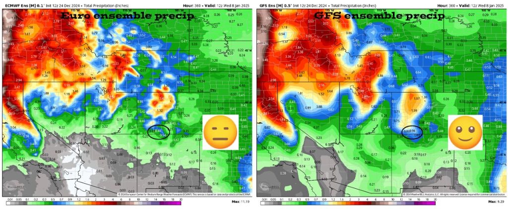 Euro ensemble precip on the left to 5am on 8 Jan shows 0.44”. The GFS for the same time period on the right shows 0.96”. Let’s cheer for the GFS!