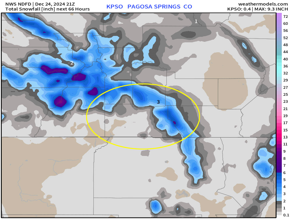 The NWS snow forecast model zoomed into our region shows a dusting near Pagosa, up to 1” along the mountains, and 3" near Wolf Creek.  This looks good to me.
