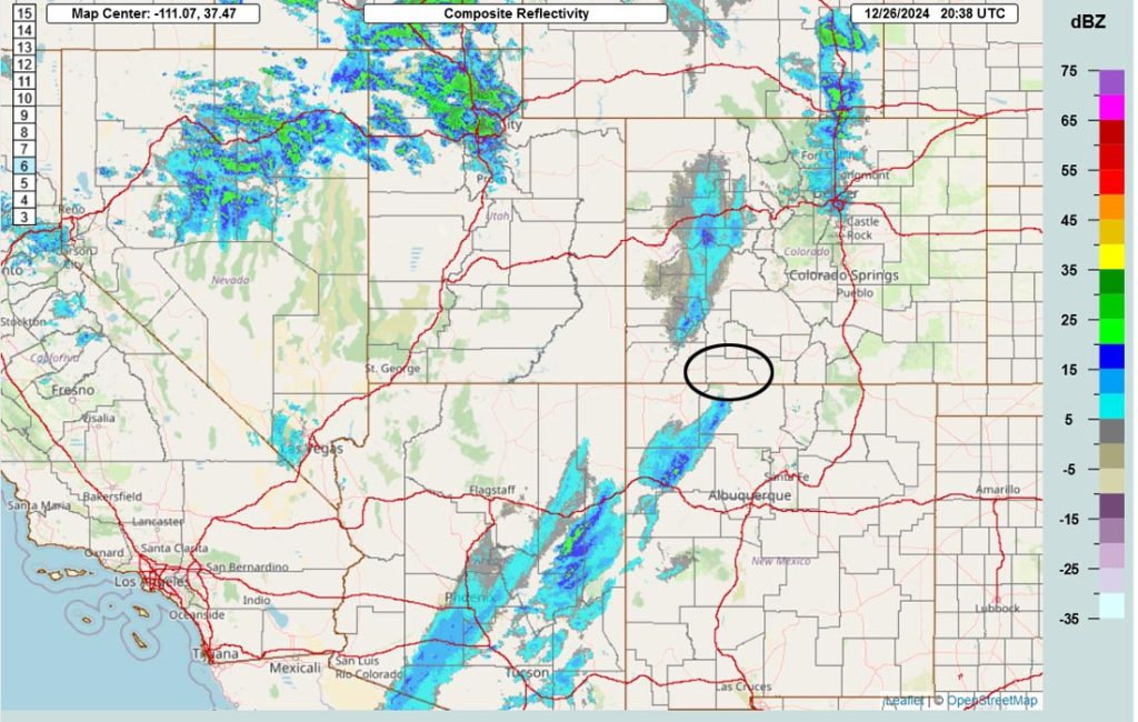 Spotty snowflakes through Friday evening… 3 Radar at 2:38pm Thursday – Bands of light precip are moving through the Four Corners area.