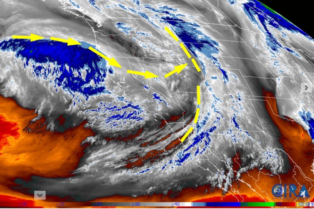 Spotty snowflakes through Friday evening… 2 Satellite on Thursday afternoon – This is a sloppy pattern that won’t impact us much. The trough, yellow dashed line, is moving west. There isn’t much storm energy with the southern part of the trough. The yellow arrows show the jet stream. That big slug of moisture off the coast will bring the coastal mountains another round of heavy snow.