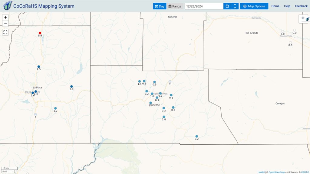 Don’t shoot the messenger… 1 CoCoRaHS 24-hour snow reports across Archuleta County ranged from 0.1” to 1.4”. Arleen was the snow lottery winner just north of Turkey Springs.