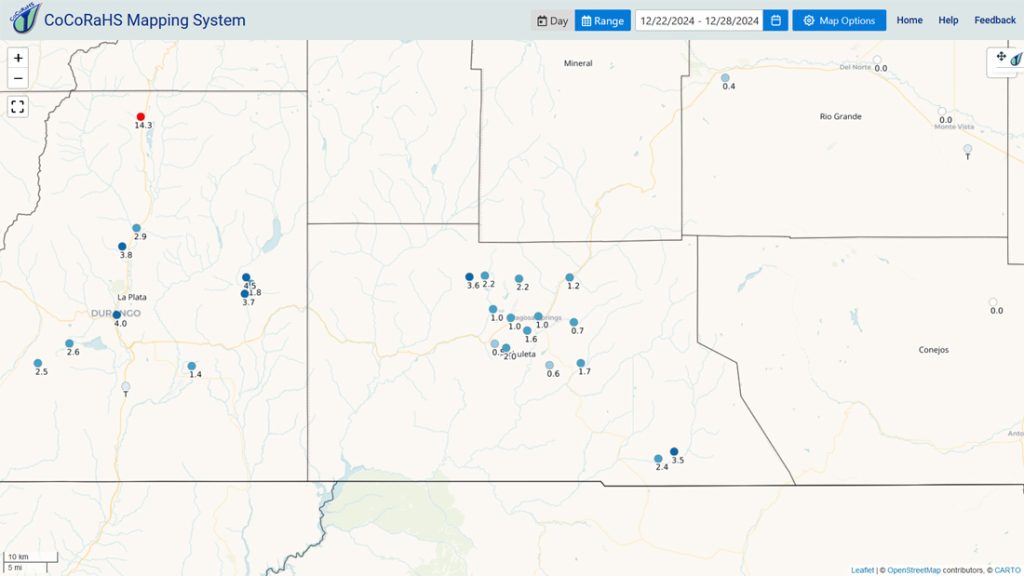 Don’t shoot the messenger… 2 CoCoRaHS snow totals since Christmas Day range from 0.5” to 3.6”.