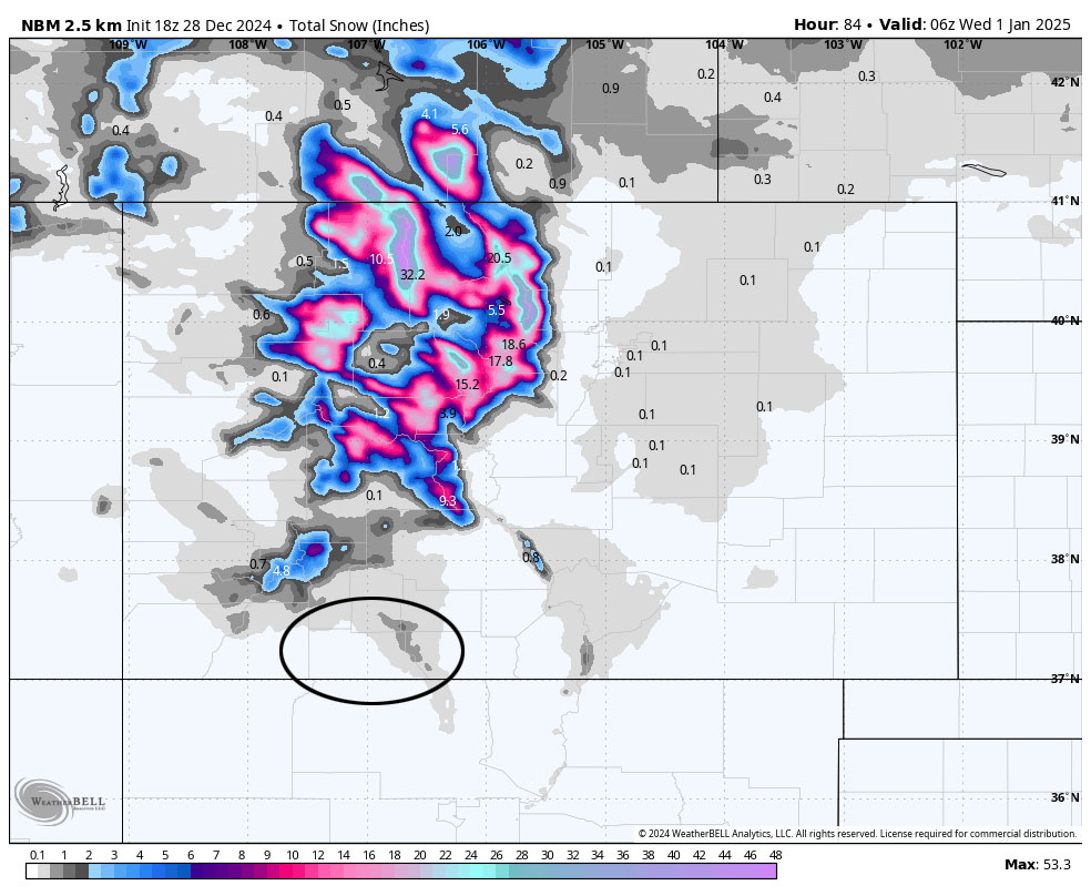 Don’t shoot the messenger… 5 NBM snow to 11pm Tuesday shows up to 1” in our mountains. Powder chasers need to head north!