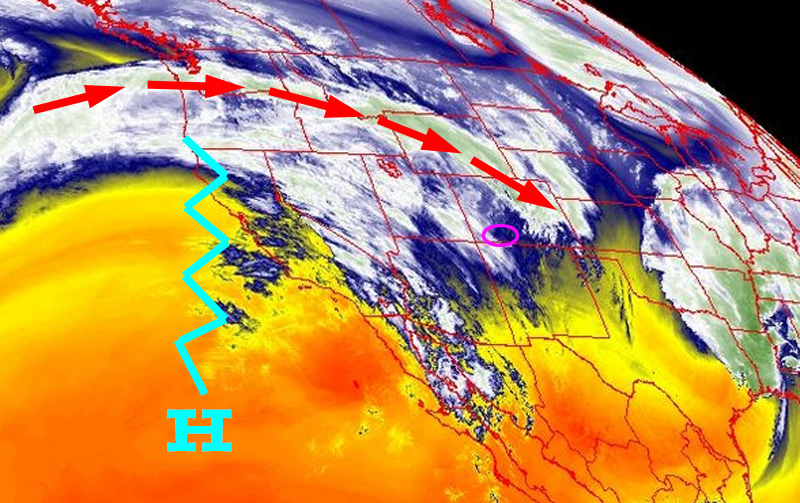 Don’t shoot the messenger… 3 Satellite on Saturday afternoon – The red arrows indicate the jet stream. An “atmospheric river” is taking aim at the Pacific Northwest. Unfortunately for us, the ridge, jagged blue line, will prevent most of the moisture from reaching us.