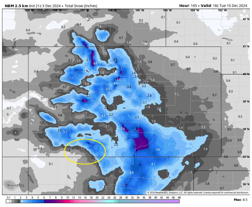 Snow on Monday? … 2 NBM snow to Tuesday at 11am shows 1.7” near Pagosa, 2” near Chama, and 3-6” near Wolf Creek. Right now this looks good to me.
