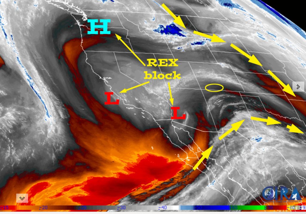 Snow on Monday? … 1 Satellite Tuesday evening – The Rex block is holding strong over the western US.