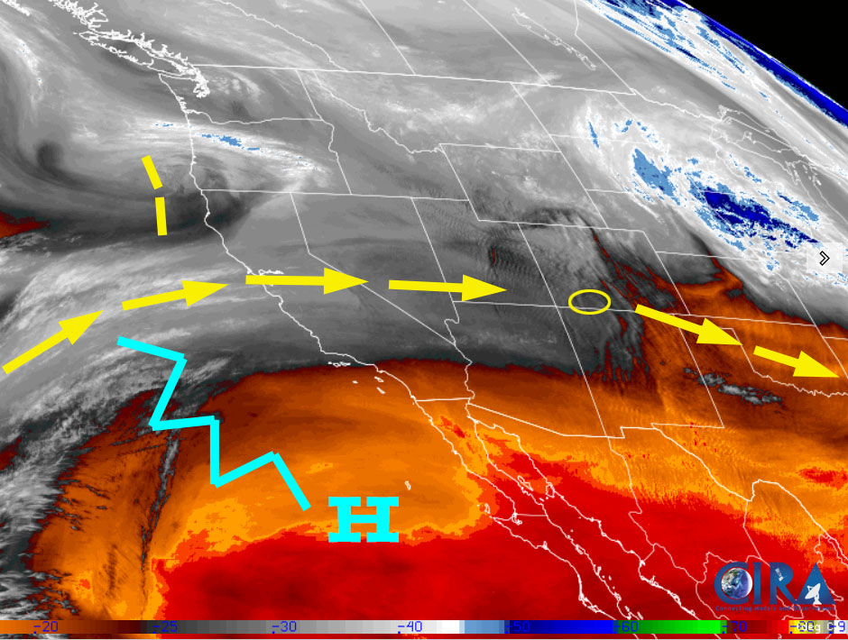 Satellite on Monday afternoon – A strong jet stream, yellow arrows, is flowing west to east over our heads. The little, weak trough off the OR coast will move quickly through our area tomorrow.