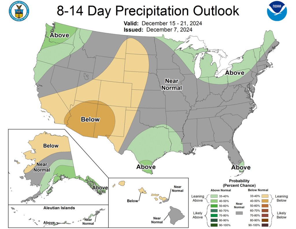 The Climate Prediction Center 8-14 day precip outlook expects a 33-50% chance of below average precip.  I think it’s more like 75%.