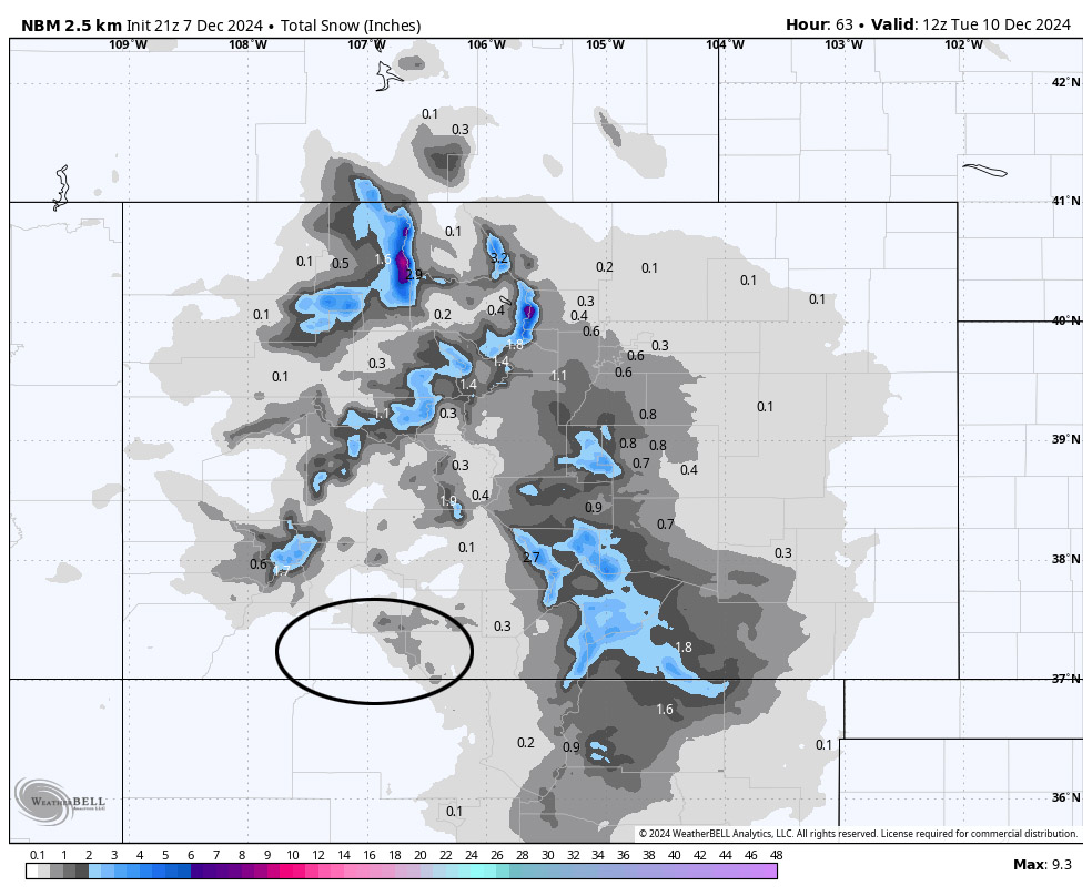 NBM snow to Tuesday at 5am shows a dusting along the mountains, and 1” near Wolf Creek. This system looks like a dud for us.