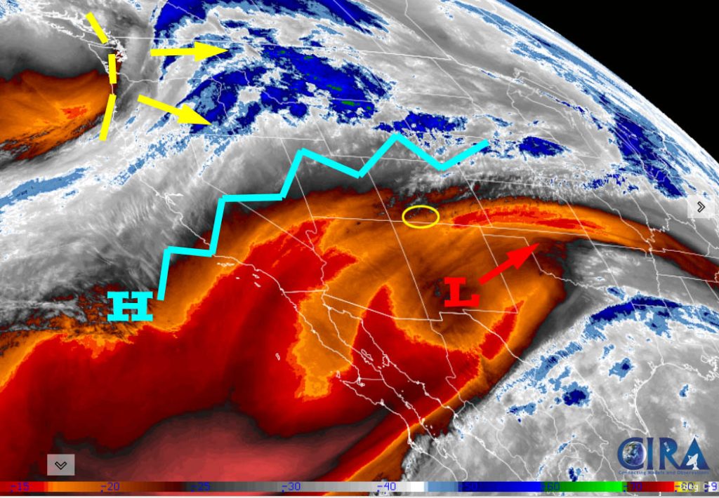 Satellite Saturday around sunset – The Rex block is finally breaking down. The weak low is ejecting towards the northeast and the ridge is weakening. The trough over the Pacific Northwest will split in two. The southern trough will move through Colorado on Monday.