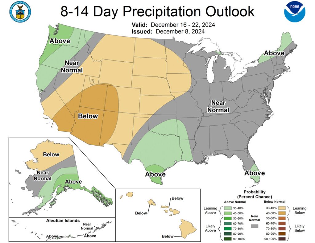 The Climate Prediction Center 8-14 day precip outlook expects a 40-50% chance of below average precip.  I think it’s more like 75%.