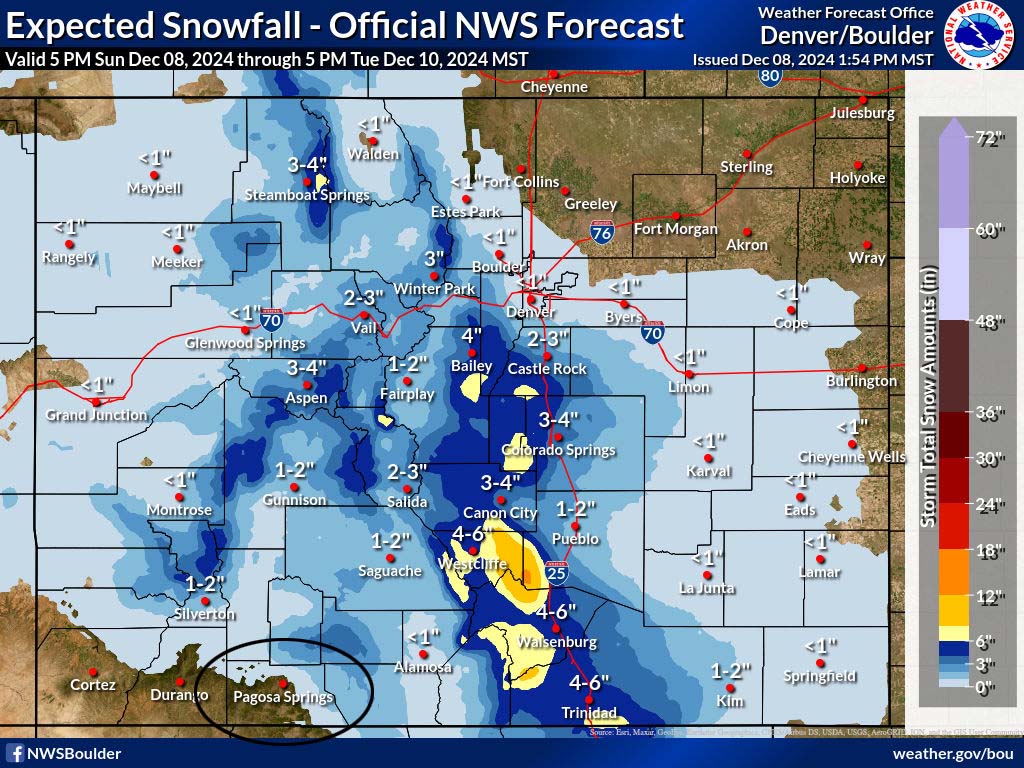 The official NWS snow shows a dusting along the mountains, and 1-2” near Wolf Creek.