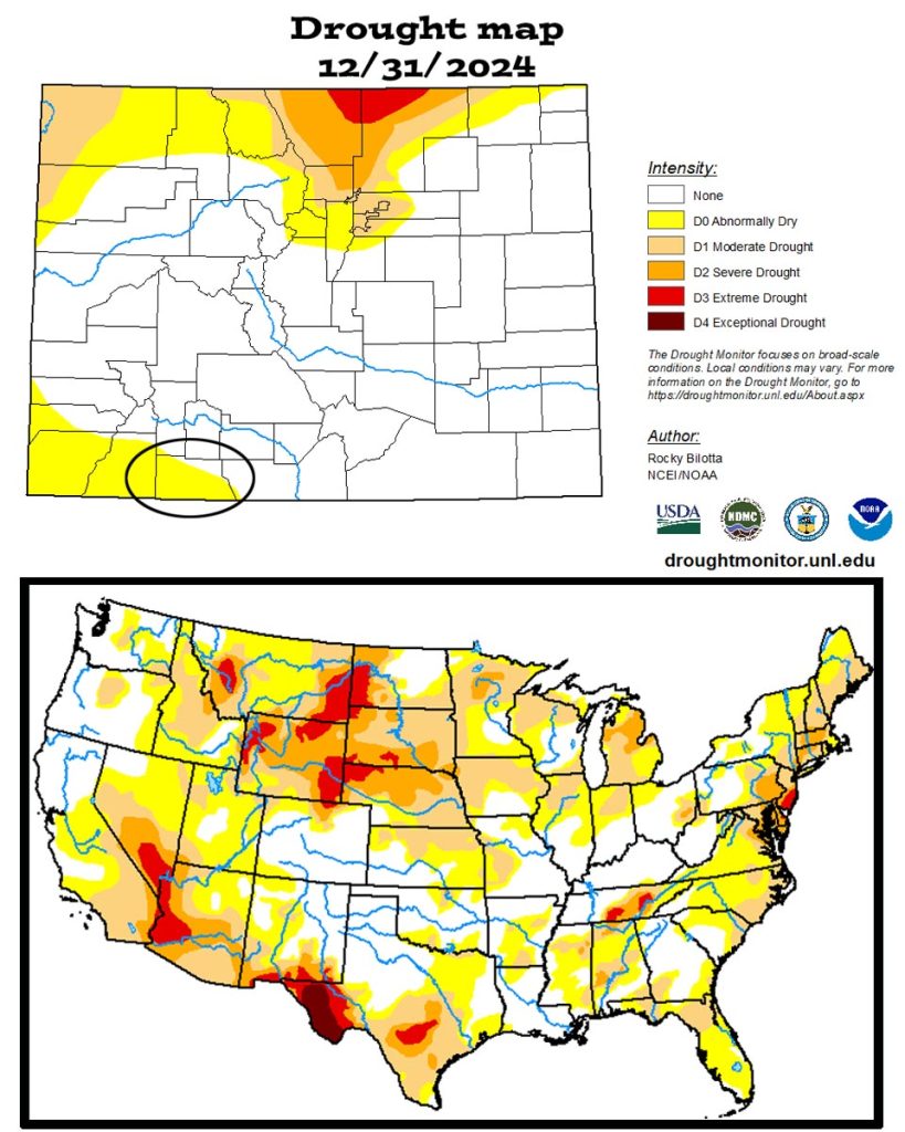 Pagosa Weather DECEMBER SUMMARY & January Outlook 9 Conditions are considered "abnormally dry" over southwest Colorado.
The US drought map on the bottom shows that much of the country is experiencing drought conditions.
