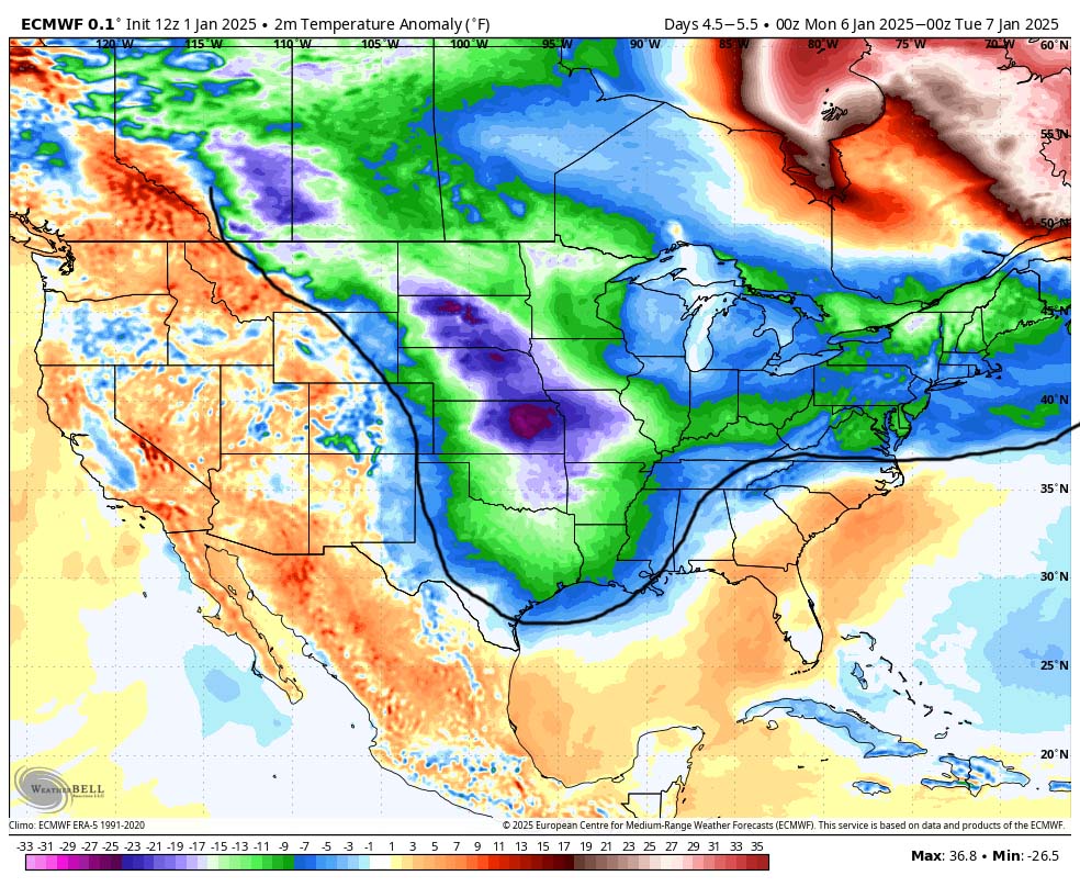 A few spotty snowflakes Saturday through Tuesday… 3 Euro temp anomaly on 6 Jan shows temps 10 to 25 degrees below average across much of the central US. That cold air will not move west into the Pagosa area.