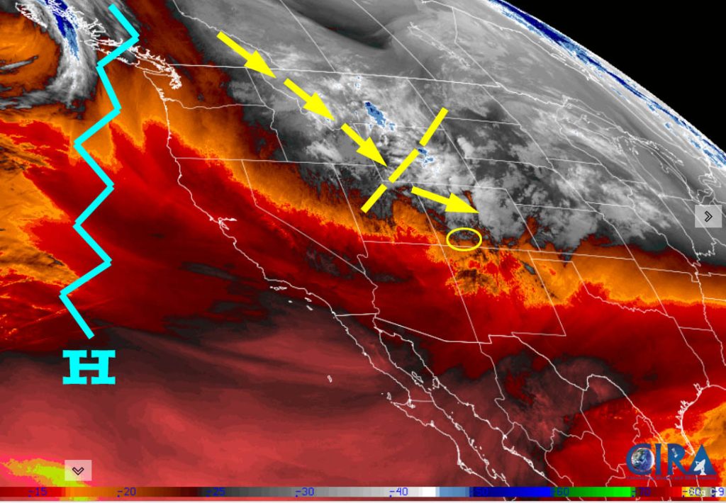 Spotty light snowshowers through the weekend… 1 Water vapor satellite Saturday afternoon – A trough will move through our area this evening. Upper-level flow ahead of the trough is out of the west, and then behind the trough, it’s out of the northwest. The persistent ridge off the west coast is our nemesis.