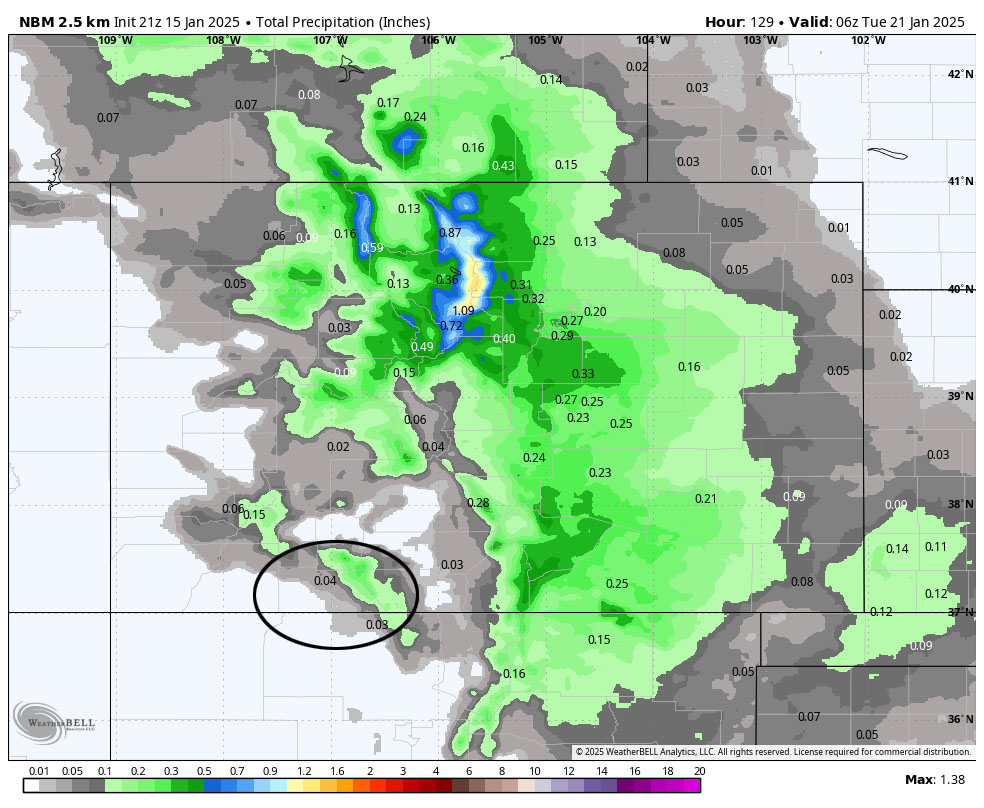 Chance for snow decreasing – cold this weekend… 2 NBM precip to 11pm Monday shows 0.04” near Pagosa and up to 0.25” in our mountains. For snow this equates to up to 1” near Pagosa and up to 4” in our mountains. Precip amounts are trending down in our area.
