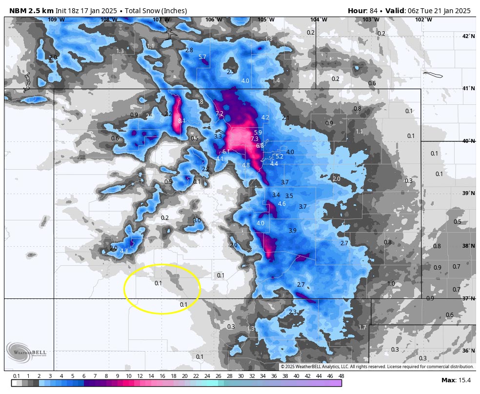 Chilly but dry for Winter Fest weekend… 2 NBM snow to 11pm Monday shows a dusting near Pagosa and up to 1” in our mountains. The northern mountains, Front Range, and eastern Colorado will be favored.