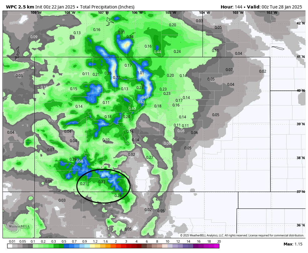 WPC precip to 5pm Monday expects 0.32” near Pagosa and up to 0.80” near Wolf Creek.  That would result in 2-4” of snow near Pagosa and 8-10” near Wolf Creek.