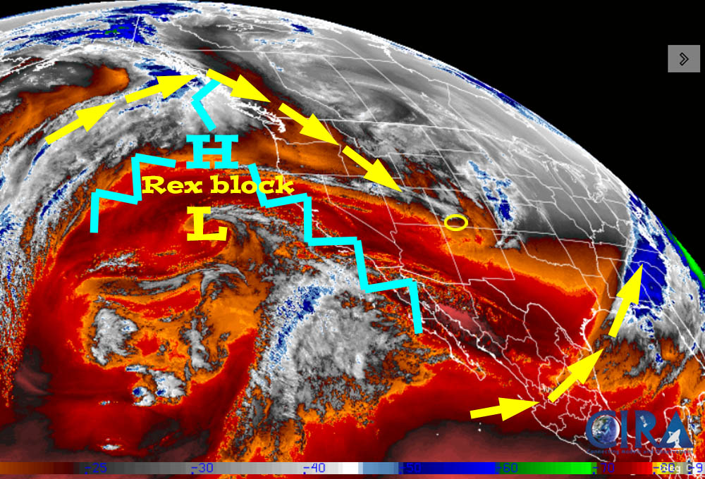 Water vapor satellite Tuesday evening – The Rex block is preventing low-pressure systems from impacting the western US. Patchy high cirrus clouds are moving into our area from the northwest.
