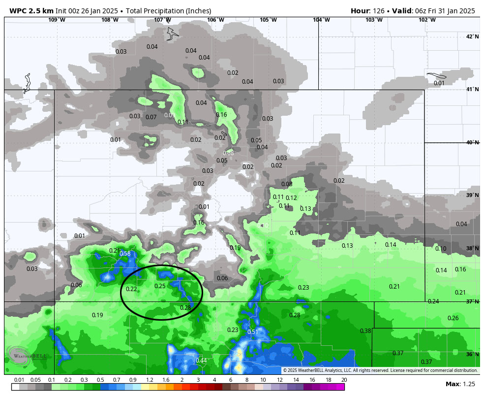 Finally a pattern change!… 4 WPC precip to 11pm Thursday expects 0.25” near Pagosa and up to 0.50” near Wolf Creek. That would result in 1-3” of snow near Pagosa and 5-7” near Wolf Creek.