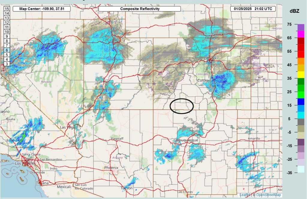Finally a pattern change!… 2 Radar around 2pm Saturday – Bands of light precip are falling across the southwest US. Light snow is falling along much of the I-25 corridor in CO so it might be slick. There is no precip in our area.