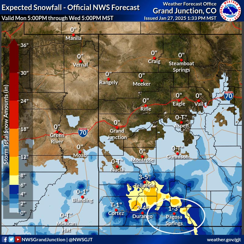 Snow on Wednesday… 3 The “official” snow forecast from the Grand Junction NWS to 5pm Wednesday shows 1-3” near Pagosa and 6-12” in our mountains. This looks good to me, but another 1” of snow is possible near Pagosa after this time period.