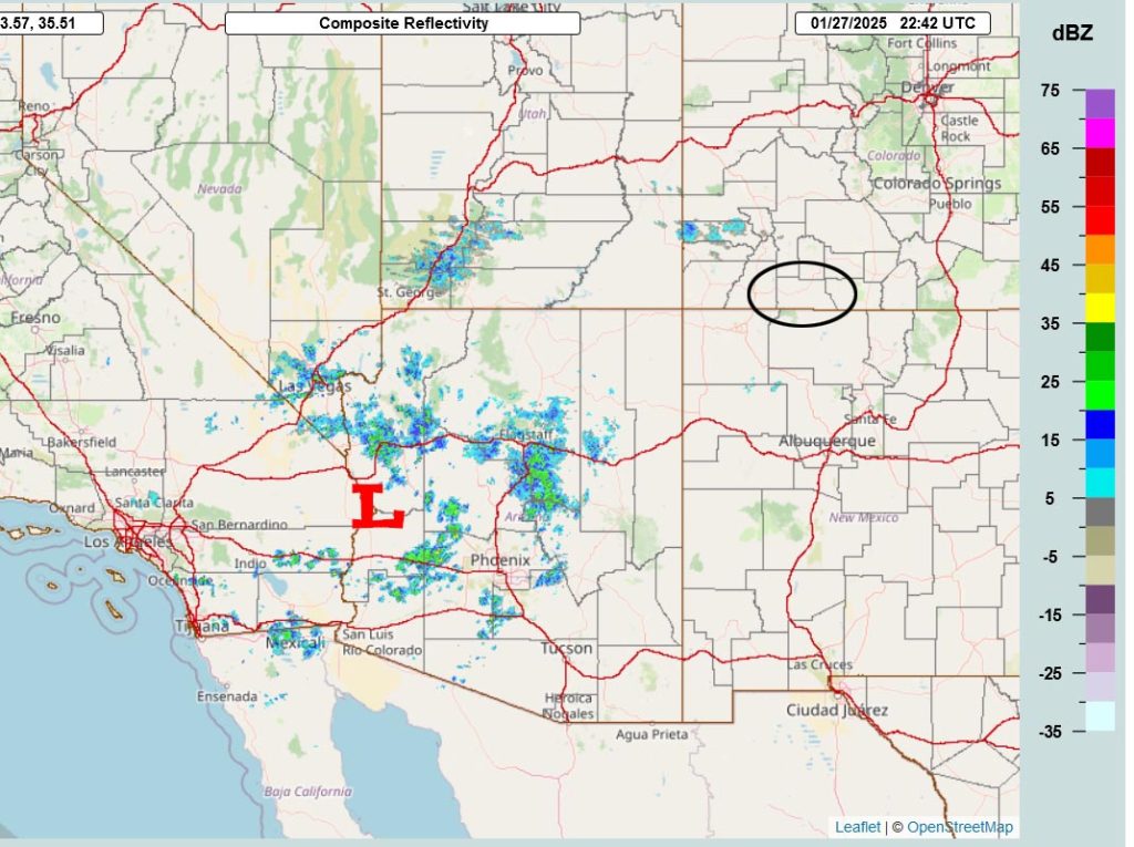 Snow on Wednesday… 2 Radar around 3:42pm on Monday – Bands of precip are circulating counter-clockwise around the low. It has been snowing near Flagstaff and the south rim of the Grand Canyon this afternoon.