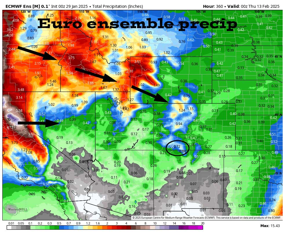 It’s still coming… 4 Euro ensemble precip to 5pm on 12 Feb shows 0.72” in the Pagosa area. A west and northwest trajectory will push a lot of moisture into the coastal mountains and Pacific Northwest. We need the pattern to shift a little more south.