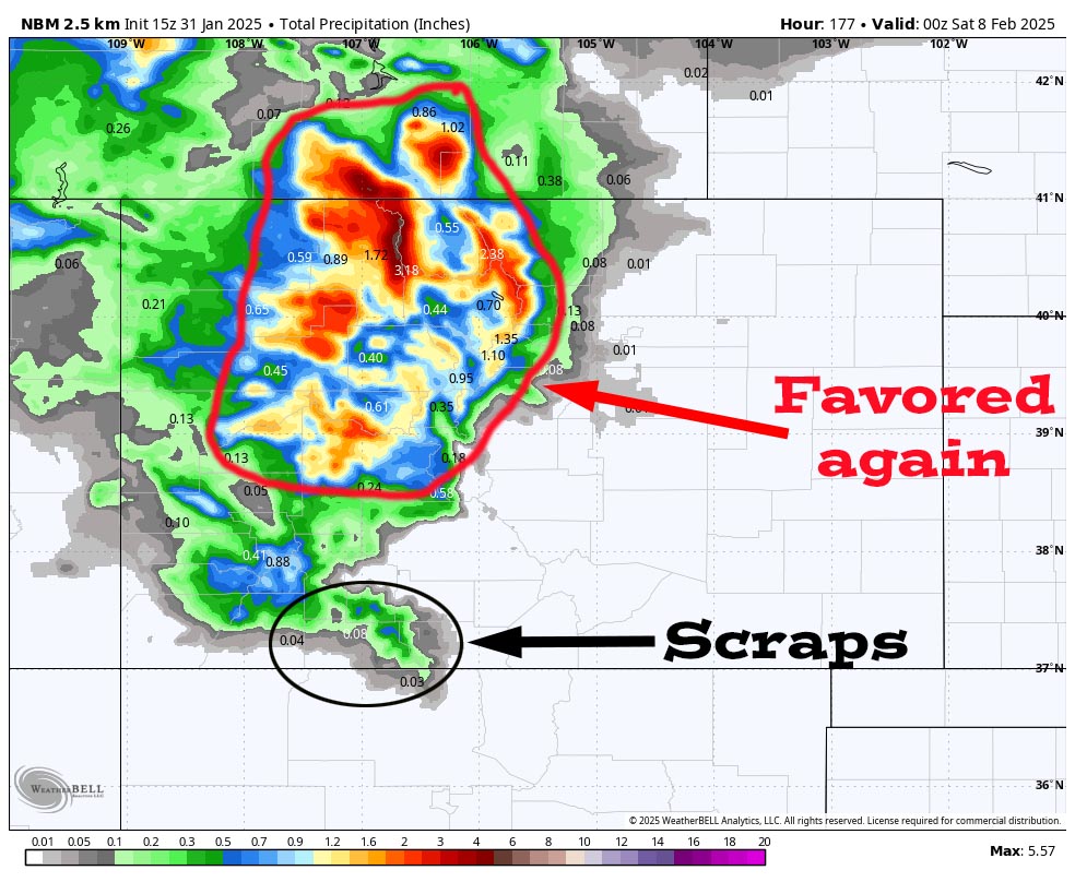 Warmer and dry through Tuesday… 3 NBM precip to Friday at 5pm shows 0.08” near Pagosa and up to 0.50” in our mountains. This will be a mix of rain and snow near Pagosa so snow will mostly be less than 1”. Our mountains could get up to 5” of snow.