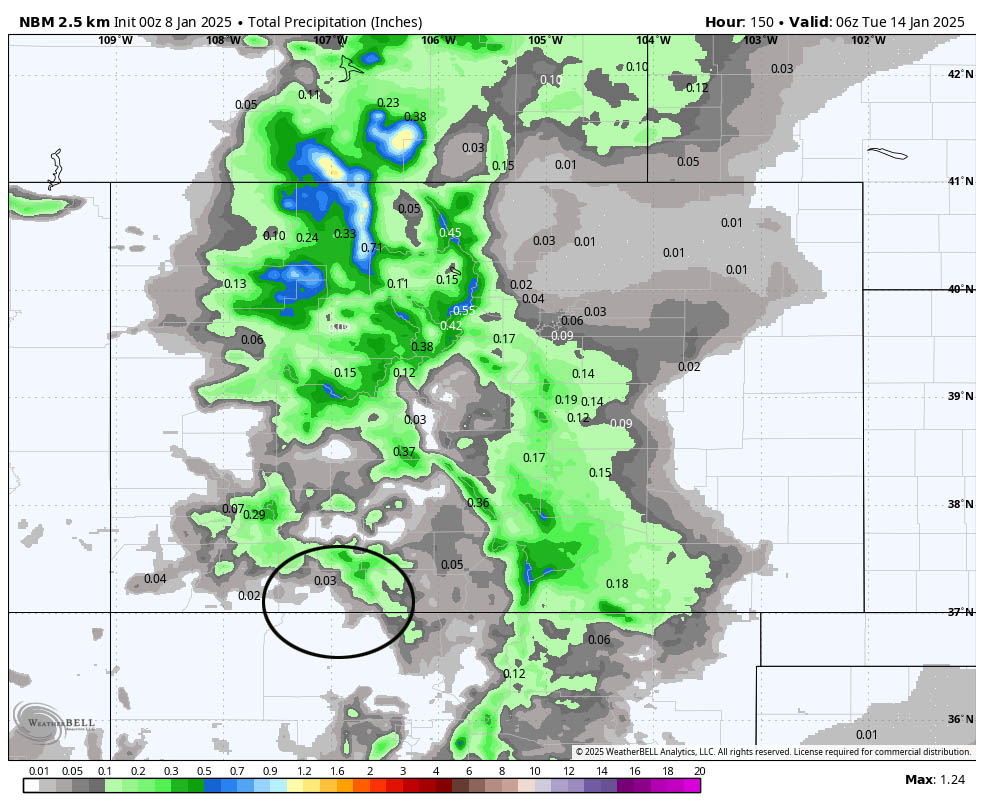 A few scattered snowflakes Thursday, Saturday, and Sunday. … 3 NBM precip to Monday at 11pm shows 0.03” near Pagosa and up to 0.25” in our mountains. This translates to around a half inch of snow near Pagosa and 3-4” in our mountains.