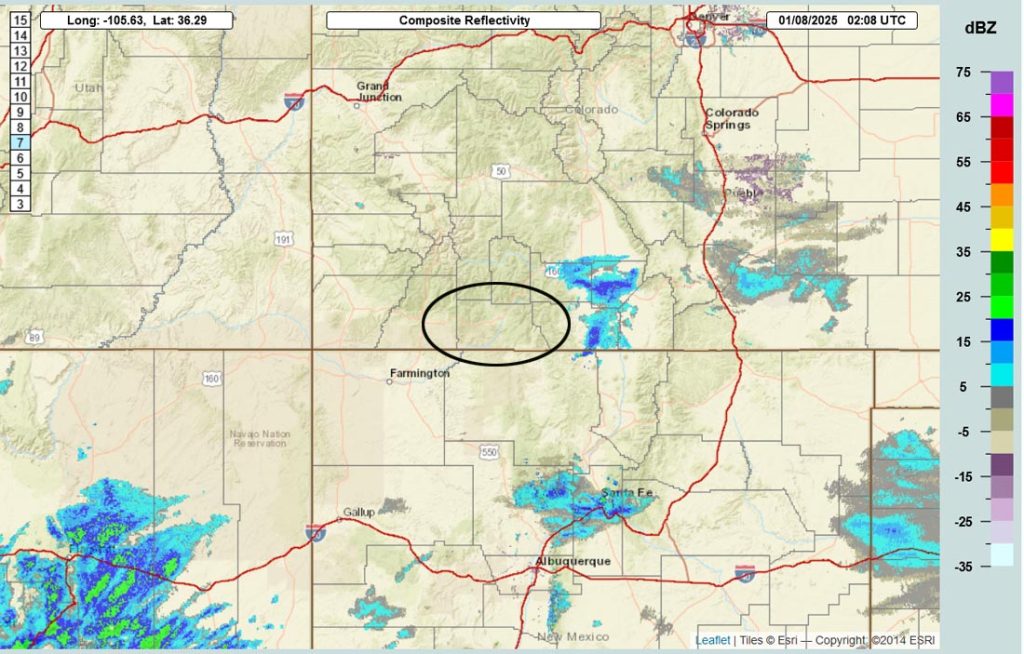 A few scattered snowflakes Thursday, Saturday, and Sunday. … 2 Radar at 7:08pm Tuesday – Light snow is falling over the southern San Luis Valley and parts of southeast CO. Precip across southern CO is tapering off.