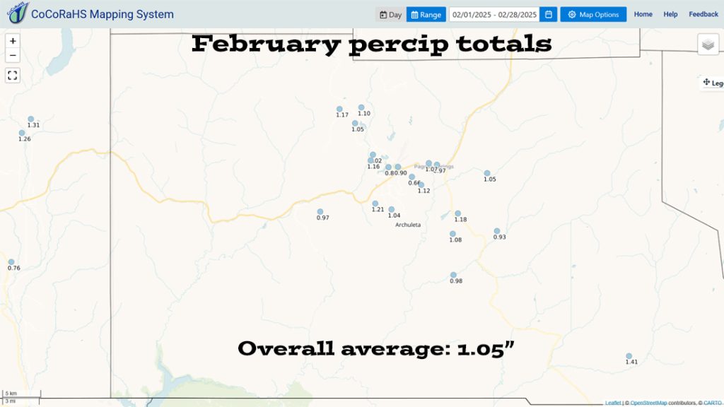 Pagosa Weather FEBRUARY SUMMARY & March Outlook 3 CoCoRaHS precip totals ranged from 0.66″ to 1.41″. All locations were well below the average of 2.02″.