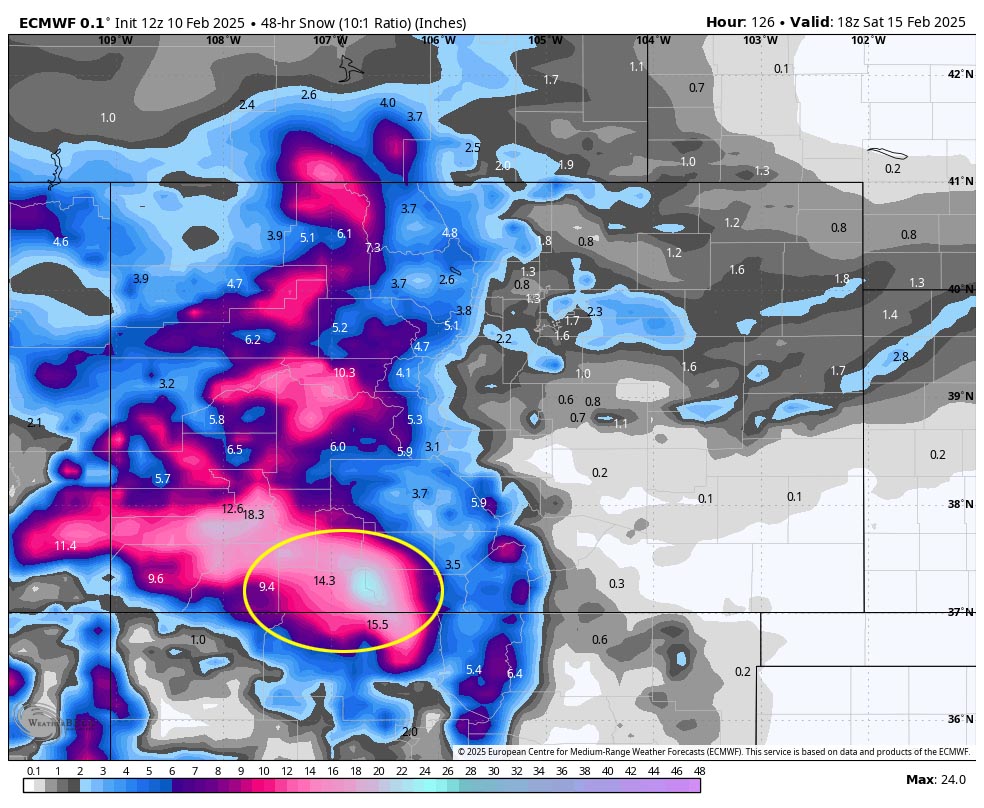 Euro snow for this period shows 14.3” near Pagosa and 18-24” near Wolf Creek. This looks good to me for the mountains. For Pagosa, I think it’s a little high due to temps above freezing Friday afternoon.