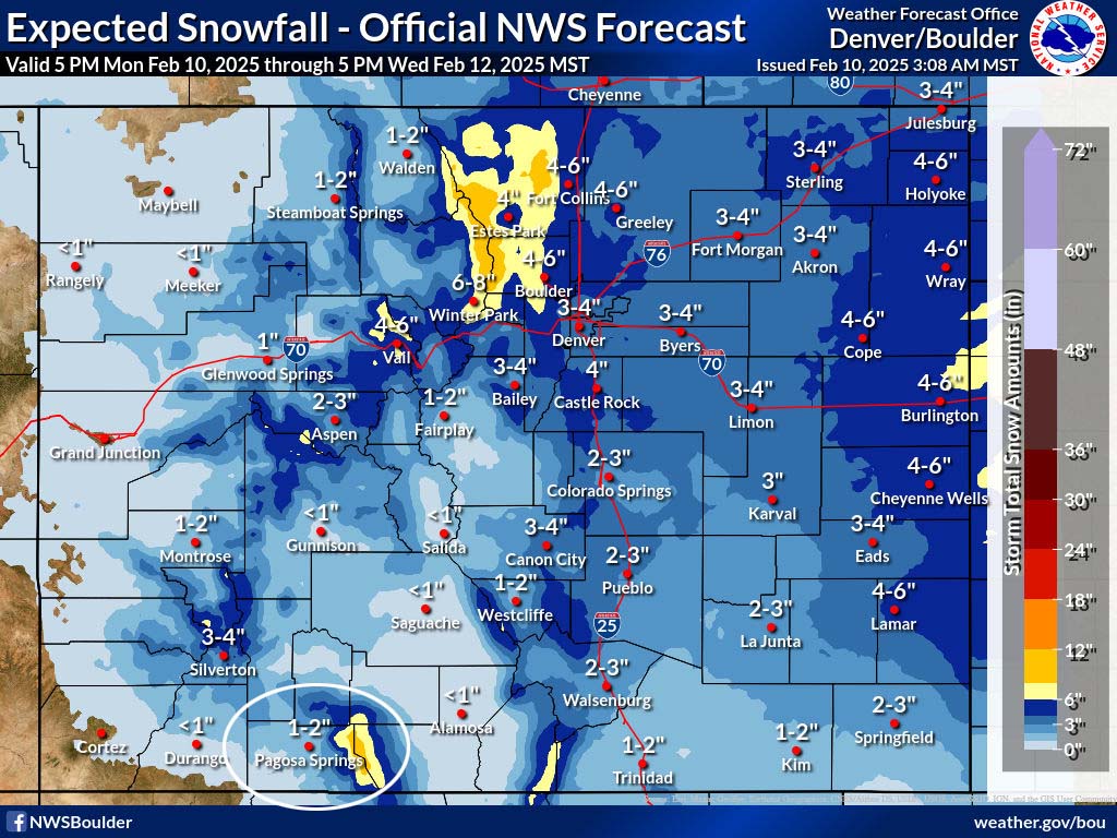 The “official” NWS snow forecast to 5pm on Wednesday shows 1-2” near Pagosa, 3-6” near Wolf Creek Pass, and up to 12” along the higher ridges in the South San Juans. This lines up well with my expectations.