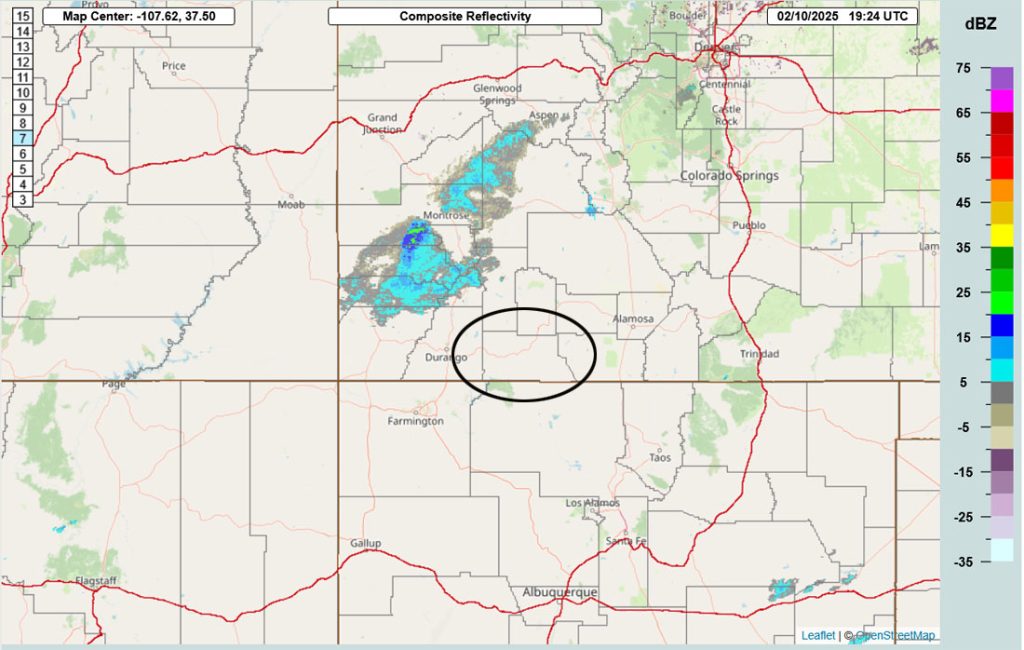 Radar at 12:24pm Monday – A band of light snowshowers is on the other side of the San Juan Mountains.