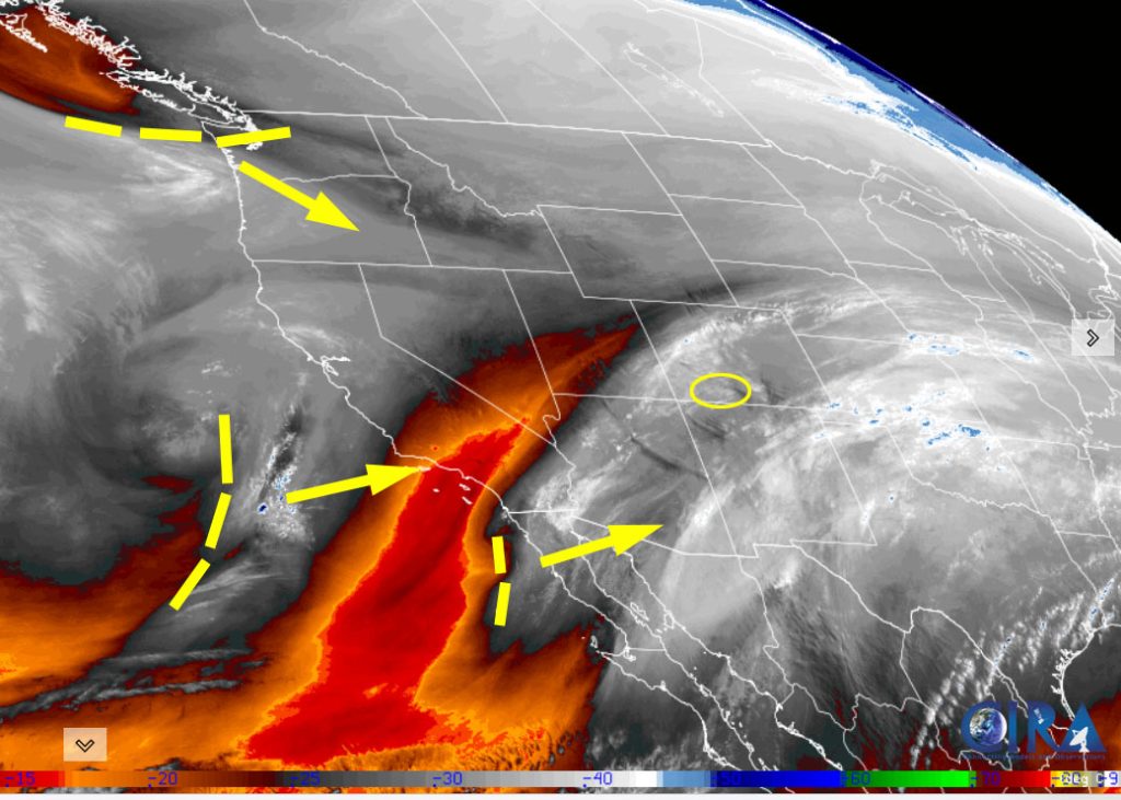 Water vapor satellite around noon Monday – Moisture is streaming into our area from southwest. The trough well off the CA coast and the other one off the Pacific Northwest coast will move through our area Tuesday night and Wednesday.  