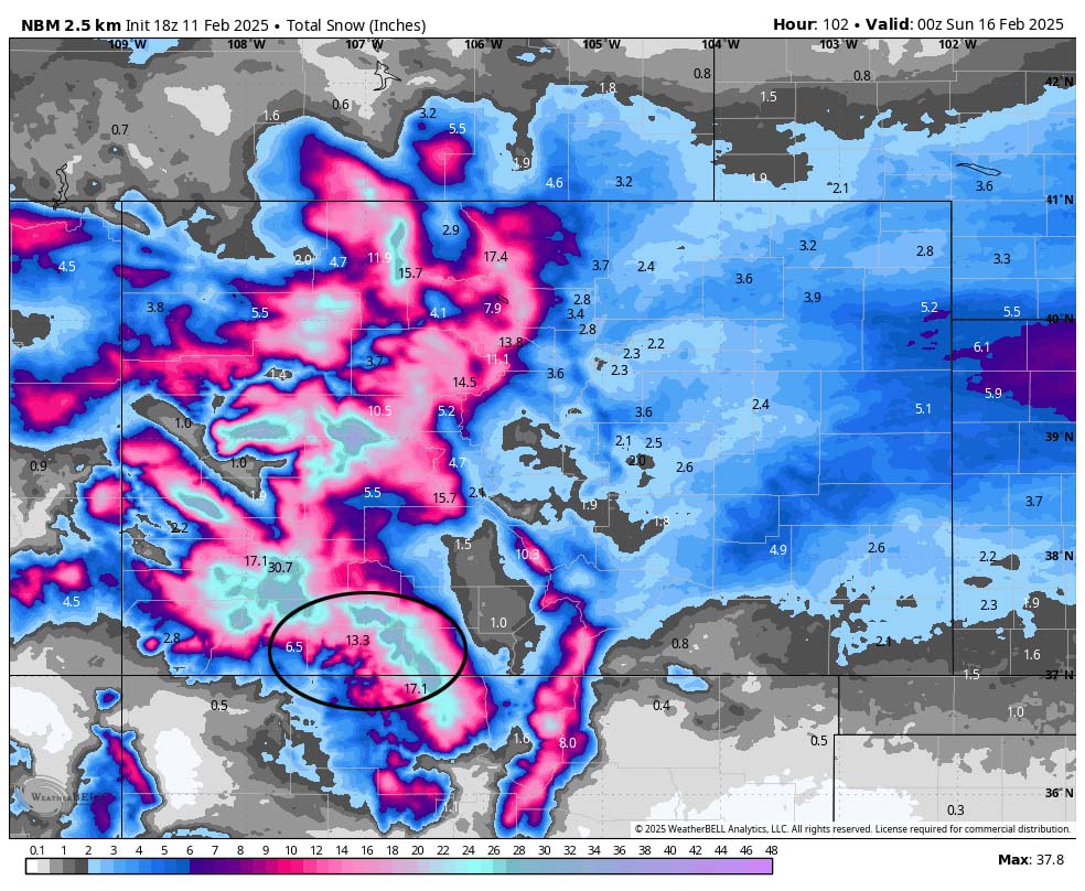Snow is coming… 5 NBM snow shows 13.3” near Pagosa and 20-30” near Wolf Creek. For Pagosa, I think it’s a little high due to temps above freezing Friday afternoon.