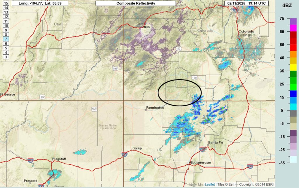 Snow is coming… 2 Radar at 12:14pm Tuesday – A band of light snowshowers is moving through southern San Juans and Chama areas. It’s pretty quiet across most of the Four Corners region.