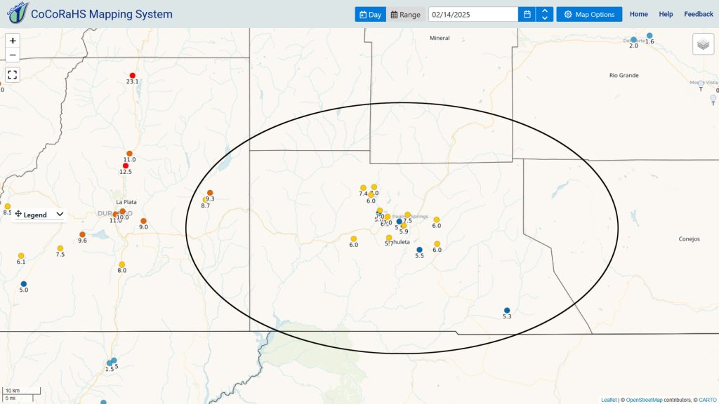 Finally looks like winter!… 1 14 Feb 2025 pm CoCoRaHS 24hr snow totals
