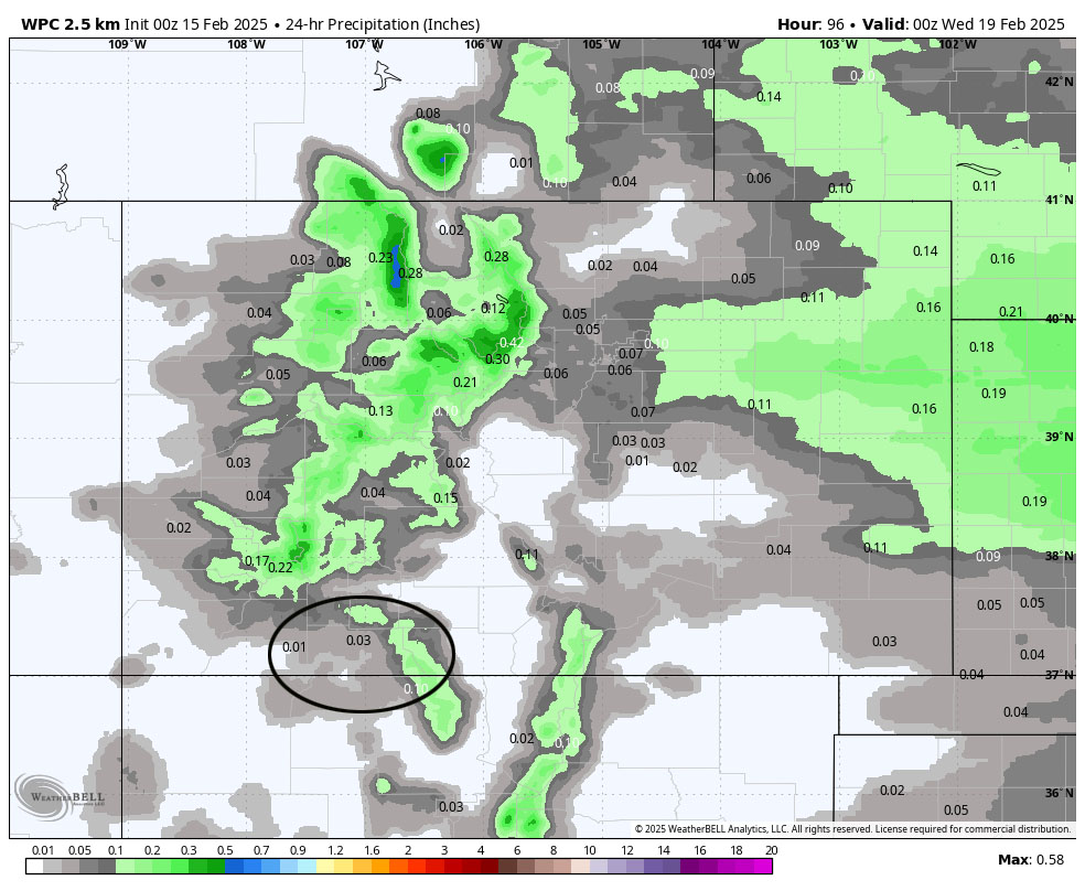 Finally looks like winter!… 6 WPC precip for this period shows 0.03” near Pagosa and 0.25” near Wolf Creek. This would be a half inch of snow near Pagosa and 2-3” near Wolf Creek. Things aren’t lining up so I expect low snow totals from this storm.
