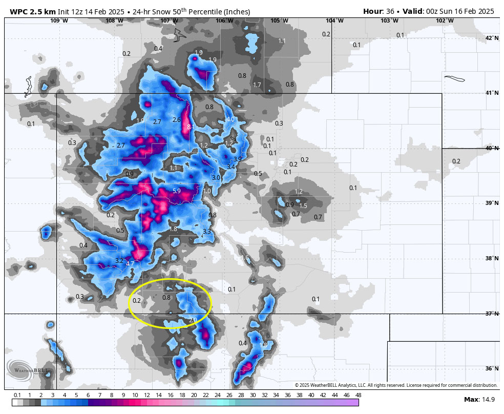 Finally looks like winter!… 5 WPC snow to 5pm Saturday shows 0.8” near Pagosa and 2-5” near Wolf Creek.